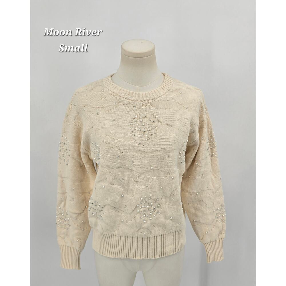 Moon River Romantic Feminine Soft Minimalist Pearl-Embellished Sweater Small NWT